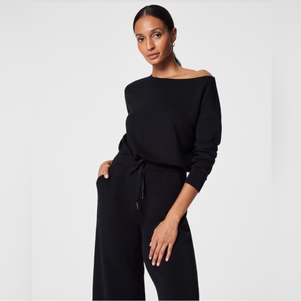 Spanx Airessentials Off The Shoulder Black Long Sleeves Jumpsuit Athleisure